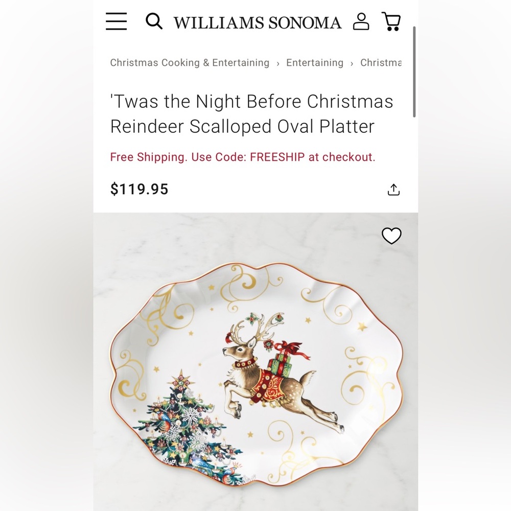 Williams Sonoma 'Twas the Night Before Christmas Reindeer Scalloped Oval Platter